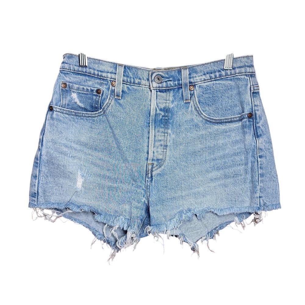Levi Vintage 501 high-rise Button fly distressed jean shorts denim cutoffs 28